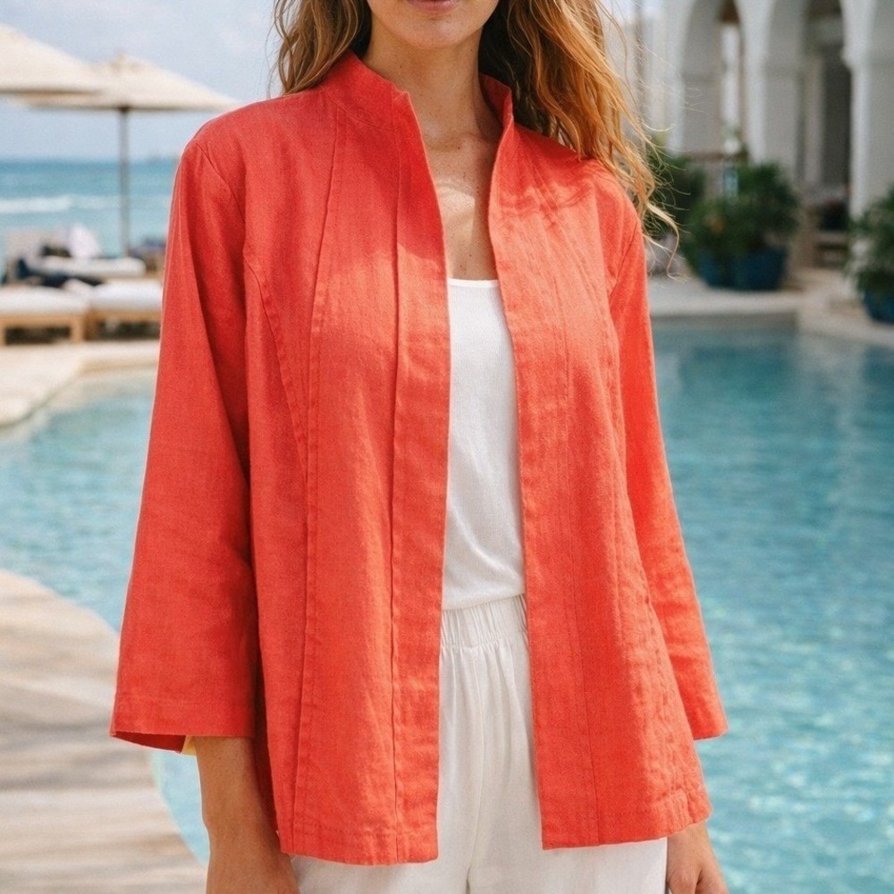 Chico's New Coral Orange Core Linen Correy Open Front Jacket SZ XL 3 Nautical